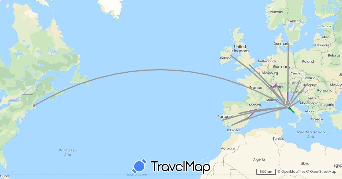 TravelMap itinerary: driving, bus, plane, train, boat in Austria, Switzerland, Denmark, Spain, United Kingdom, Croatia, Hungary, Ireland, Italy, Portugal, United States (Europe, North America)